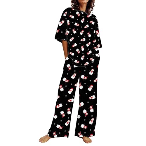 HUIFUAO - Conjunto de pijama de Navidad para mujer, divertido estampado de árbol de Navidad, pijama de muñeco de nieve y reno, conjunto de 2 piezas, camiseta de manga corta y pantalones, ropa de