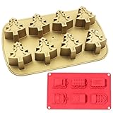 HSU'S 3D Weihnachten, Silikon Backformen Schimmel, Goldene Farbe, Backen, Kuchenteller, brot,Perfekt für Feiertagspartys (tree and train)