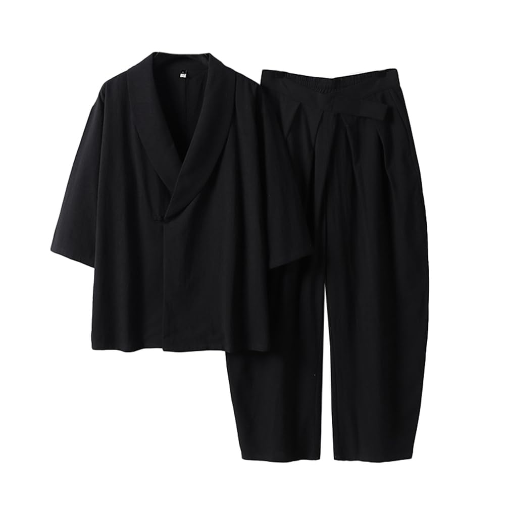 TIANQIHAO Japanese Style Two-Piece Suit Cotton Bathrobe Pajamas Summer Plus Size Kimono Bathrobes Chinese Style Sleepwear,Black-Medium