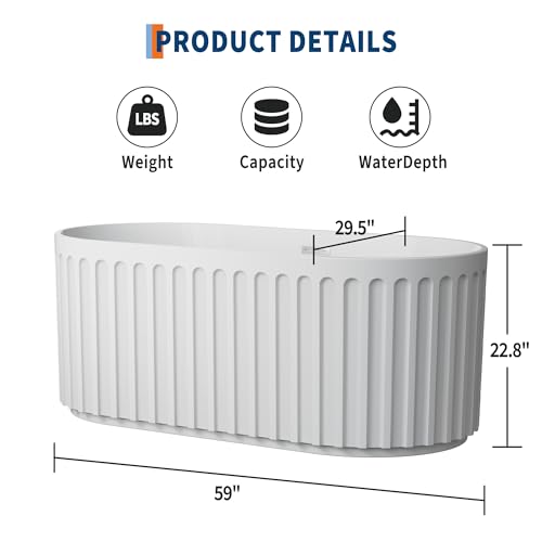 Image of GarveeLife Freestanding Bathtubs 59 inch Glossy White Acrylic Soaking Tub - Modern Striped Freestanding Bath Tub with Overflow, Pop-Up Drain & Hidden Drainage for Home Spa and Bathroom Upgrade