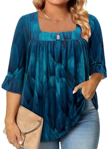 Siddhe Womens Plus Size Tops Loose Fit 3/4 Ruffle Sleeve Blouses Square Neck T Shirt Casual Tunic Tops(1X-5X)