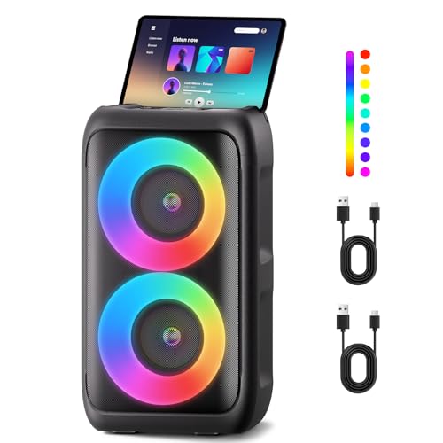 Bluetooth Speaker with 2 Rechargeable Wireless Microphone - Portable Party Speaker with Colorful Lights - 80W (Peak) Floorstanding Speakers Support TWS/AUX/USB/TF Card Ideal for Party,Home,Camping