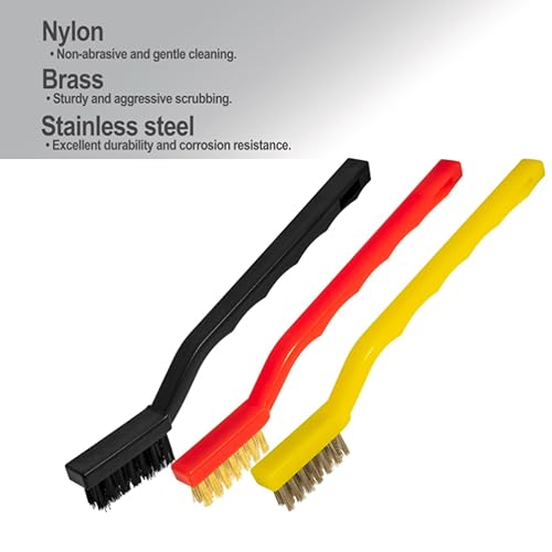 Image of 18 Pcs Mini Stainless Steel Wire Brush Set for Cleaning Welding Slag Rust, Wire Bristle Scratch Brush Set, Curved Handle Brushes（3 Styles: Brushes of Stainless Steel /Nylon /Brass Bristles Polychrome