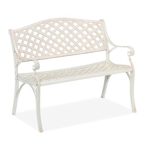 Relaxdays Banco Jardín, 2 Plazas, Terraza, Balcón, Aluminio Fundido, 83x103x64 cm, Asiento Antiguo Exterior, Blanco/Oro