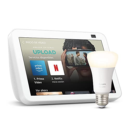 Echo Show 8 (2.ª generación, modelo de 2021), Blanco + Philips Hue White bombilla inteligente, compatible con Alexa - Kit de inicio de Hogar digital
