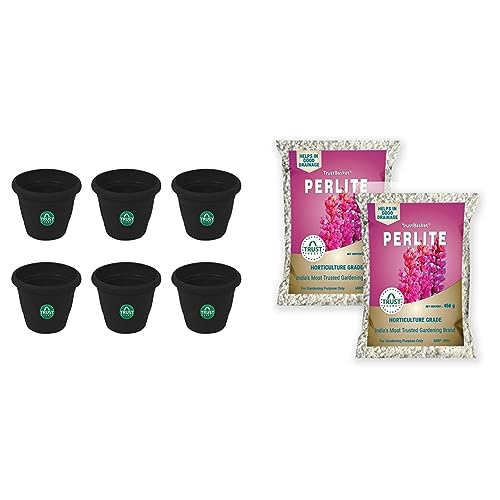 Image of TrustBasket UV Treated Plastic Round Pot (8 Inches) -Black Color -Set of 6 Perlite for Gardening Set of 2 (450 g)