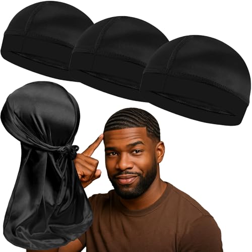 3PCS Silky Stocking Wave Caps Compression Cap for Men Doo Rag Award 1 Durag (Black)