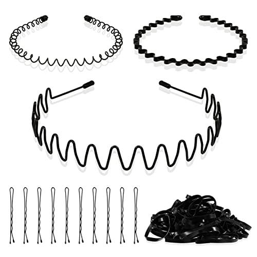 SOSPIRO 3 Pcs Bandeau en Métal pour Homme et Femme, Ondulé Cerceau de Cheveux de Printemps Bandeau Noir Antidérapant Sport Unisexe Serre Tete, Livré avec 30 élastiques et 10 épingles à Cheveux thumbnail