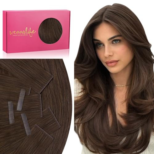 Image of WENNALIFE Invisi Edge Tape in Hair Extensions Human Hair,#4,14 Inch | 14 Inch 50g 20pcs (Invisi Edge & Classic) Chocolate Brown Invisi Remy Hair Natural Seamless Injected Tape Ins
