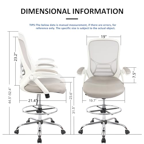 Image of HYLONE Drafting Chair, Tall Office Chair Standing Desk Stool with Adjustable Foot Ring, Flip-Up Arms, Mesh High-Back Drafting Table Chair, White & Grey