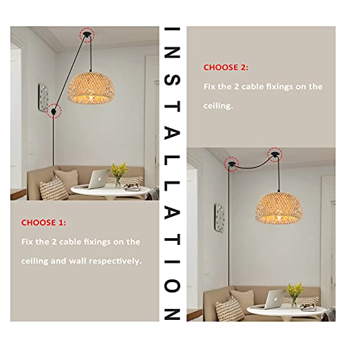 Modern Plug In Cord Bamboo Pendant Light With Switch - Rustic Woven Rattan Lampshade Basket Chandelier, Adjustable Wicker Ceiling Hanging Wall Light Fixture For Kitchen Island Bar Cafe Restaurant #TOP4