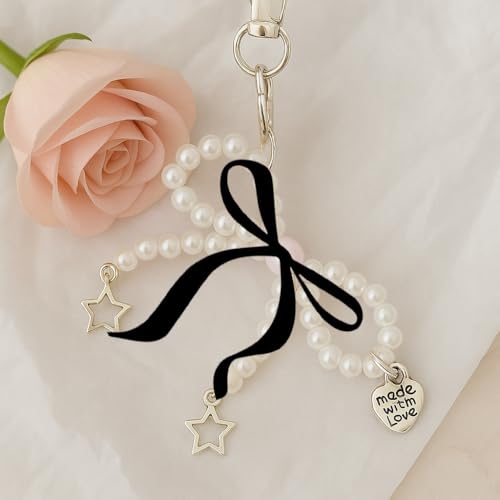 Image of Bag Charm |Pearl Bow Design With Heart Charm and Ribbon | Cherry Charms | Bags Charms for handbags keychain Unique Key Chains for Women Key Ring for Girls