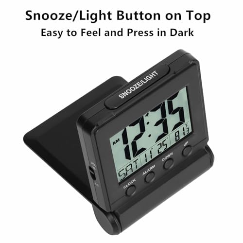 Image of FAMICOZY Small Folding Digital Travel Alarm Clock with Day /Month /Date /Indoor Temperature,Easy to Read and Set,High /Low Alarm Volume,9 Min Snooze,Backlight on Demand,Bedside Calendar Alarm Clock,Black