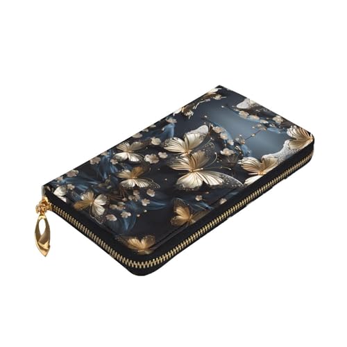 Leather Wallet 7.48 x 4.13 in - Stylish and Durable Wallet for Women with Multiple Compartments and Zipper Design Gold White Butterflies Black Pattern3