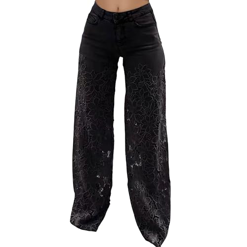 Women's Summer Lace Patchwork Hollow Jeans Casual Vintage Wide Leg Denim Pants High Waisted Trousers with Pockets