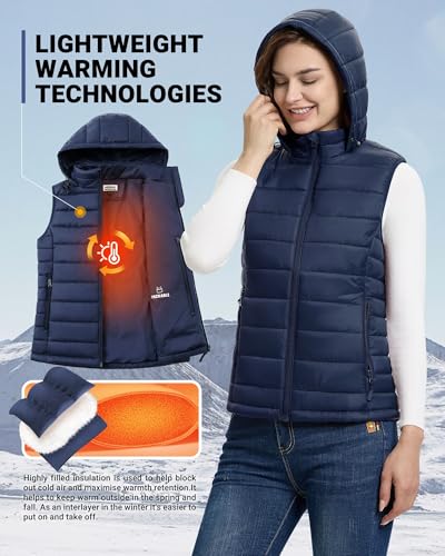 Outdoor Ventures Damen Steppweste mit Kapuze Packbare Übergangswesten Gefütterte Hybrid Sportweste Frau Warme Fahrradweste mit Stehkragen für Wandern Camping Dunkelblau XL