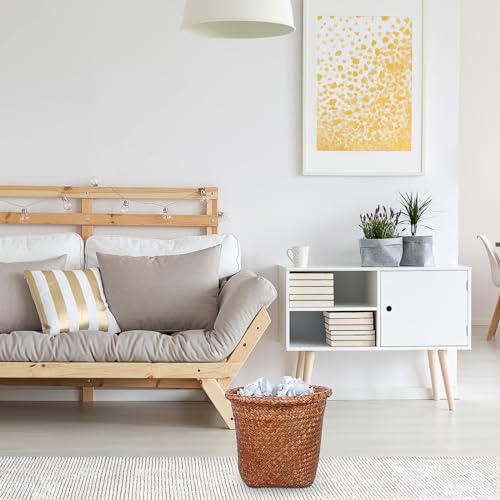 Image of Cabilock Straw Woven Wastebasket 10.43 Inch Round Open Top Wicker Trash can Storage Bin for Bathroom Office Home Organization