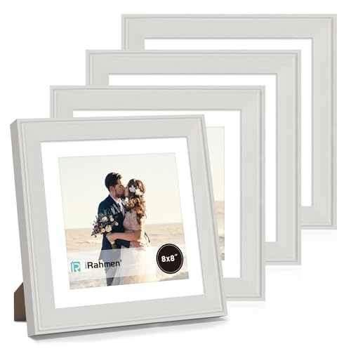 Image of iRahmen 8x8 Vintage Picture Frame with Mat 6x6 - High Definition Real Glass Wooden Photo Frames for Tabletop Display and Wall Mounting (Cream, Set of 4)