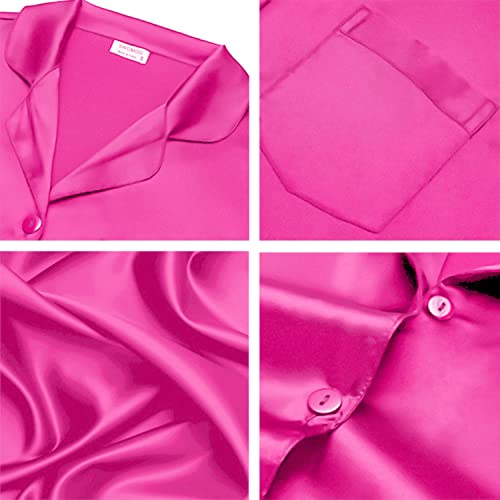 Image of SWOMOG Long Sleeve Pajamas Set Silk Satin Sleepwear Button Down Pjs Loungewear with Pocket