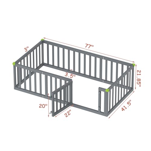 ROOMTEC Twin Size Montessori Floor Bed for Kids, Solid Wood Toddler Bed Frame w/Convertible Door and Safety Fence, Floor-Bed-Frame for Children Bedroom, Toddlers, Boys Girls, Kids Playroom, Grey