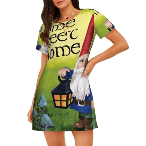 Uusnwaa Camisón de manga corta para mujer, suave, suelto, colorido, estampado de gnomos, Negro, M