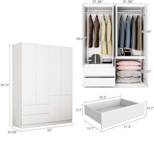 7874-4-Door-Armoire-Wardrobe-Closet-with-Drawers-and-ShelvesArmoires-and-Wardrobes-with-Hanging-Rod-Wooden-Wardrobe-ClosetWhite-63-L-x-2039-W-x-7874-H 7874 4 Door Armoire Wardrobe Closet with Drawers and ShelvesArmoires and Wardrobes with Hanging Rod Wooden Wardrobe ClosetWhite 63 L x 2039 W x 7874 H