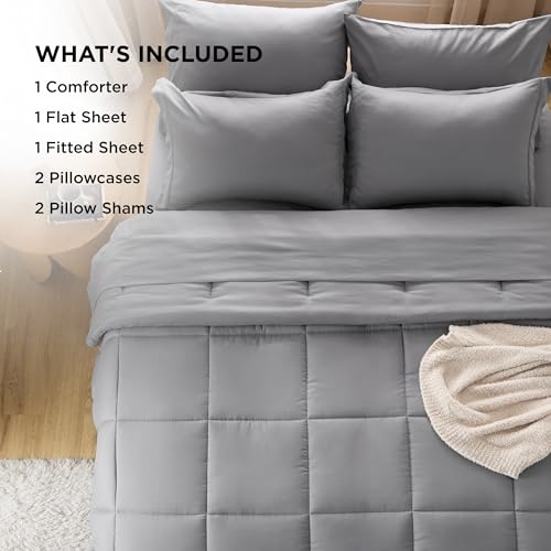 Bedsure Grey Comforter Set Full - 7 Pieces Solid Bed in a Bag, Full Bed Set with Comforter, Sheets, Pillowcases & Shams