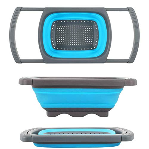 【2019 New Version】6 Quart Blue Kitchen Collapsible Colander with Extendable Sturdy Handles Over