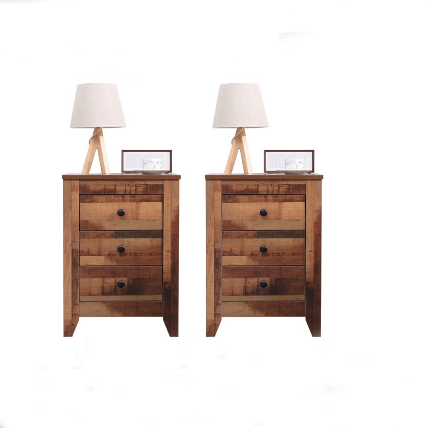FurnitureHMD Bedroom Set of 2 3-Drawer Bedside Table Side Table End Table Rustic Storage Unit UK