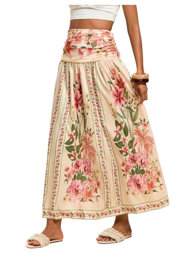 MakeMeChic Women's Floral Maxi Skirt High Waist Ruched Ruffle Shirred Flare Boho Skirts