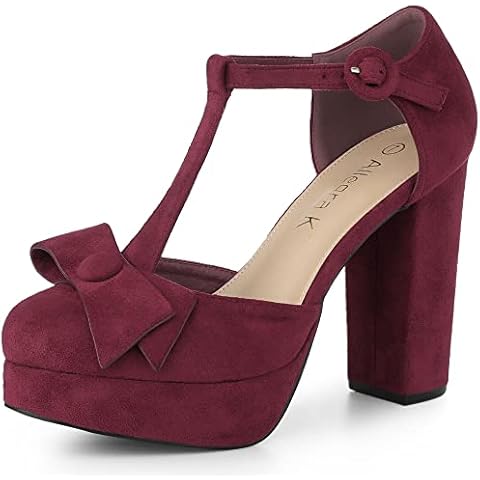 Allegra K Damen-Pumps mit runder Zehenpartie und Blockabsatz und T-Riemchen Burgund 37.5 Cover