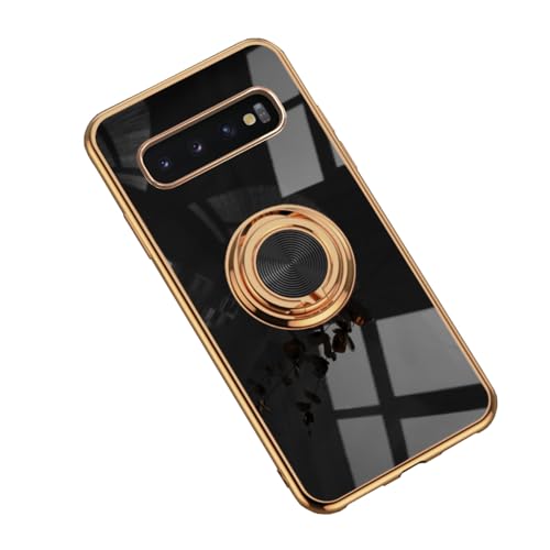 EiYioun Silicone Case for Samsung Galaxy S10 with Magnetic Attraction Metal Ring Holder Stand, Edge Plated Shockproof Non-Slip Ultra Thin Phone Protective Cover Black