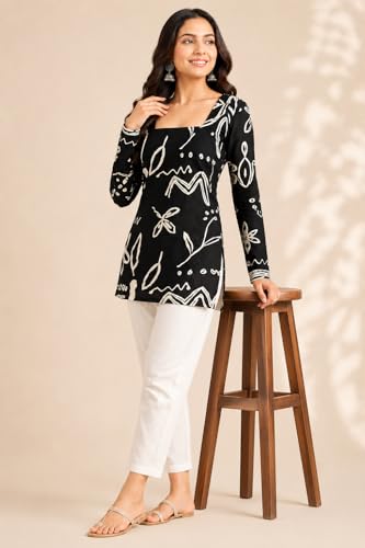 Image of Women's Cotton Printed Tunic Top | Square Neck Full Sleeve Casual Western Top | Trendy Longline Printed Top for Women | Stylish Party, Office