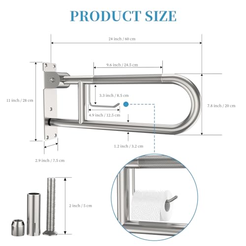 Image of Toilet Grab Bar 24 Inch, Munzong Anti-Slip Handicap Grab Bars with Paper Holder, Flip-Up Bathroom Toilet Safety Rails, Stainless Steel Knurled Support handrails for Seniors Elderly Disabled Pregnant