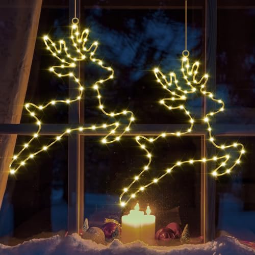 Therlan Beleuchtet Rentier Weihnachtsdeko Lichterketten, 2 Stück 80...