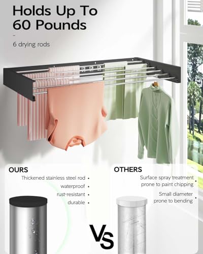 Image of JIALTO Stainless Steel Space Saver Folding Cloth Dryer Stand Wall Mounted Retractable Clothes Drying Rope Hanger, Foldable Cloth line Use Indoor and Outdoor for Home Grey