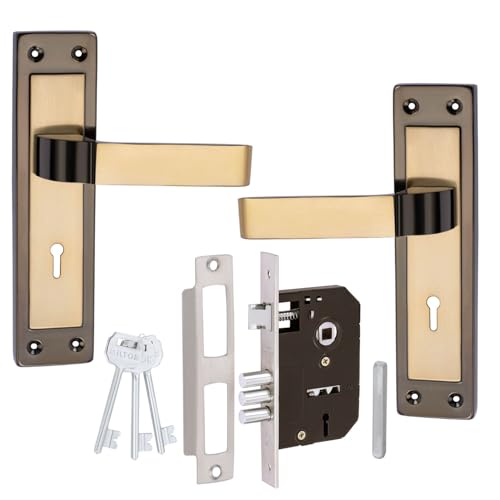 Image of Milton Iron Mortise Lock Set with Handle, Black Gold Finish, 200mm Length, 125mm Handle, Complete with Keys and Hardware - MHI-573