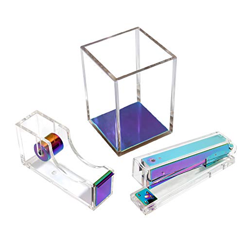 MultiBey Acrylic Desk Organizers Set - 3 in 1 Include Tape dispenser Stapler Pen Holder Desk Organizer Accessories for Home or Office, Clear (colorful)