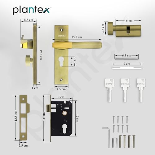 Plantex Heavy-Duty Door Lock Set - Main Door Lock Handle Set/ 6-Lever Lock Mechanism with 3 Years of Warranty/Mortise Lock with 3 Keys, Brass Lockbody & Cylinder(8114 - Brass Antique & PVD Gold)