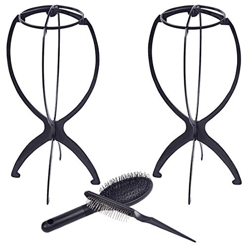 Wig Stand with Wig Brush Combo, 2 Pack Portable Collapsible Wig Dryer Holder for Wigs Display, Professional Wig Comb for Hair Finishing (Black)