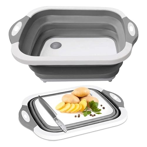 WAASSI Collapsible Washing up Bowl with Foldable Chopping Board - Multifunctional Wash Basin for Drainage & Washing Vegetables - Space Saving Collapsible Bowl (Grey)