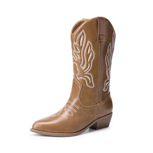 DREAM PAIRS Women's Cowboy Boots Mid Calf Cowgirl Boots Embroidery Stitched Western Boots 6 Light Brown-pu