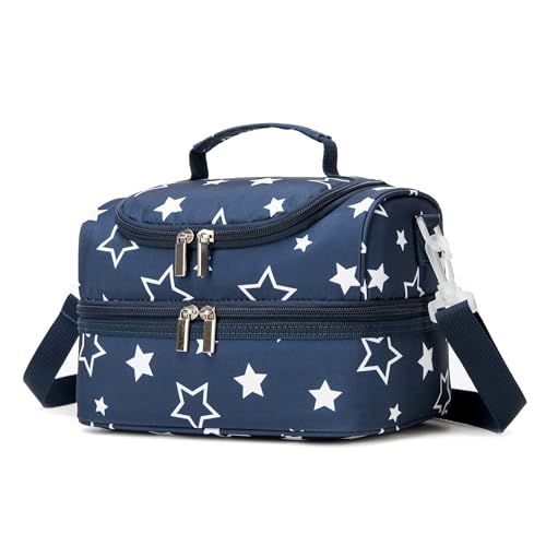 Image of Insulated Kids Dual Compartment Lunch Bags Tote Pack for Girls Boys Toddler Kindergarten School Picnic Cooler Thermal Lunch Boxes with Strap Blue Star