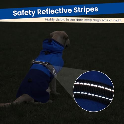 Image of BRKURLEG Dog Raincoat, Waterproof Rain Jacket with Hood, Blue, XXL | Adjustable Windproof Rainproof Jacket with Leash Hole, Reflective Breathable Rain Coat Poncho, for Small to Large Dogs