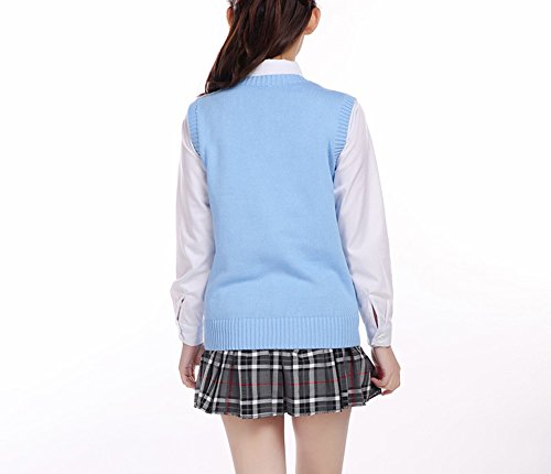 Men Women Knitted Cotton V-Neck Vest Jk Uniform Pullover Sleeveless Sweater School Cardigan Sky Blue #TOP3