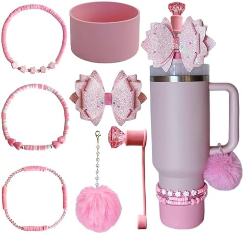 Accessories for Stanley Cup,1 Straw Bowknot Topper,3 Beads Bracelets for Tumbler 40oz,1 Siliocne Boot,1 Straw Topper Cover,1 Pompom Ball Charms for Water Bottle Handle(Light Pink)