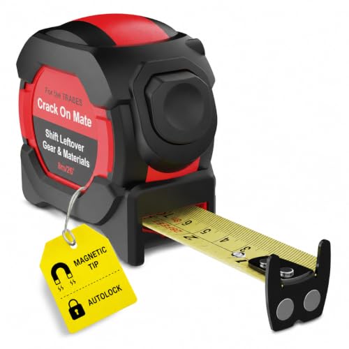 Crack On Mate 8m/26ft Tape Measure Auto Lock Measuring Tape Heavy Duty Magnetic Hook 25mm Double Sided Nylon Blade Class 2 Accuracy Shockproof Case - Built for UK Trades & DIY