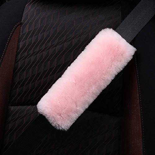 Image of OGLAND 2 Pack Automotive Authentic Sheepskin Car Seat Belt Pads, Soft Shoulder Pad, Neck Cushion Protector, Genuine Natural Merino Wool (Korean Pink)