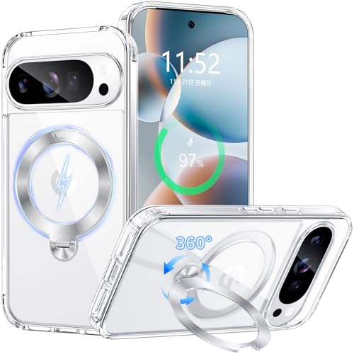 PETORA Google Pixel 9/9 Pro 用 ケース リング付き MagSafe対応【360度回転式マグネットスタンド・縦横両対応】米軍MIL規格 耐衝撃 レンズ保護 黄ばみ防止 滑り止め マグセーフワイヤレス充電対応 携帯カバー おしゃれ スマホケース 透明 (クリア,Google Pixel 9/9 Pro)の商品画像（Amazon）