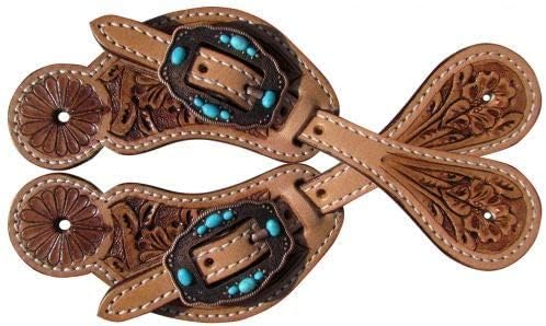 Showman Youth Floral Tooled Medium Leather Spur Straps w/Turquoise Stones
